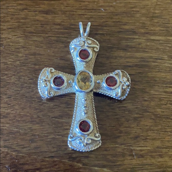 Sterling S gold plated garnet citrine stone cross - Picture 3 of 4